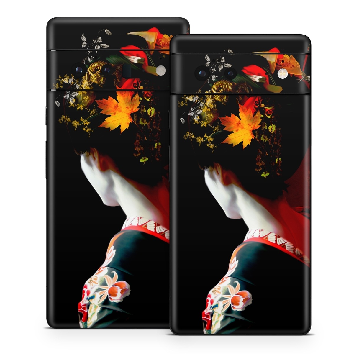 Google Pixel 6 Series Skin design of Geisha, Red, Flower, Plant, Headgear, Photography, Peking opera, Costume, Headpiece, Art, with black, red, orange, yellow, white colors