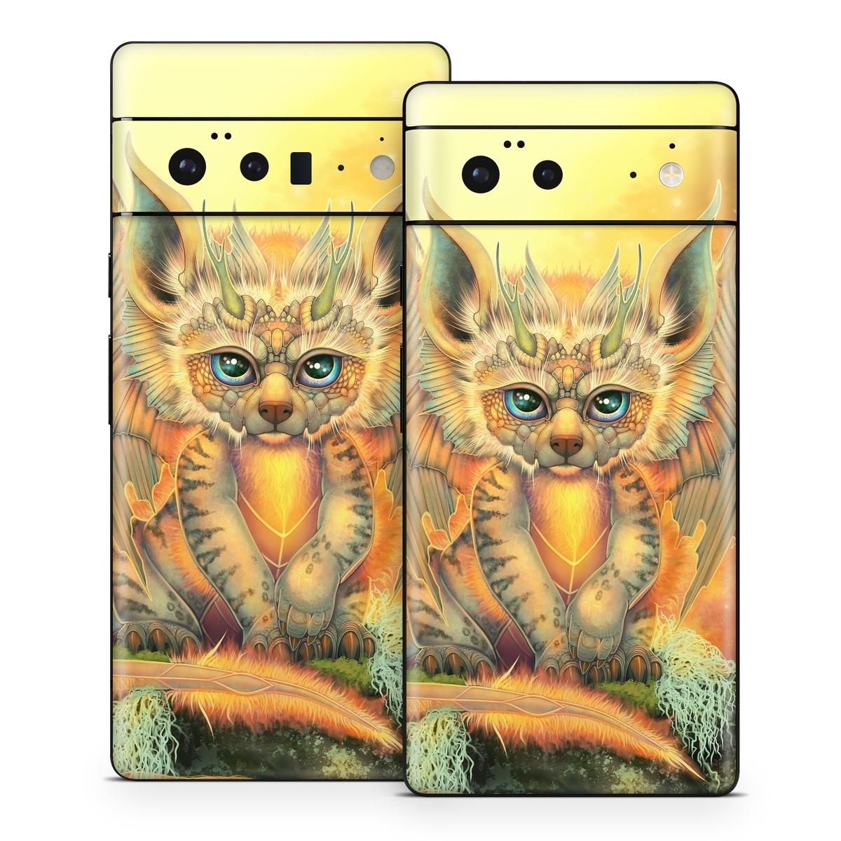 Google Pixel 6 Series Skin design of Nature, Mammal, Art, Fawn, Owl, Illustration, Tail, Fictional character, Visual arts, Terrestrial animal, with yellow, orange, green, white, black colors