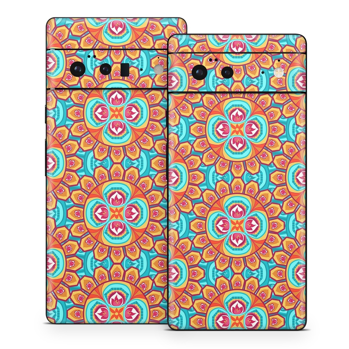Google Pixel 6 Series Skin design of Pattern, Orange, Design, Textile, Wrapping paper, Visual arts, Motif, Circle, Art, with blue, orange, red, yellow colors