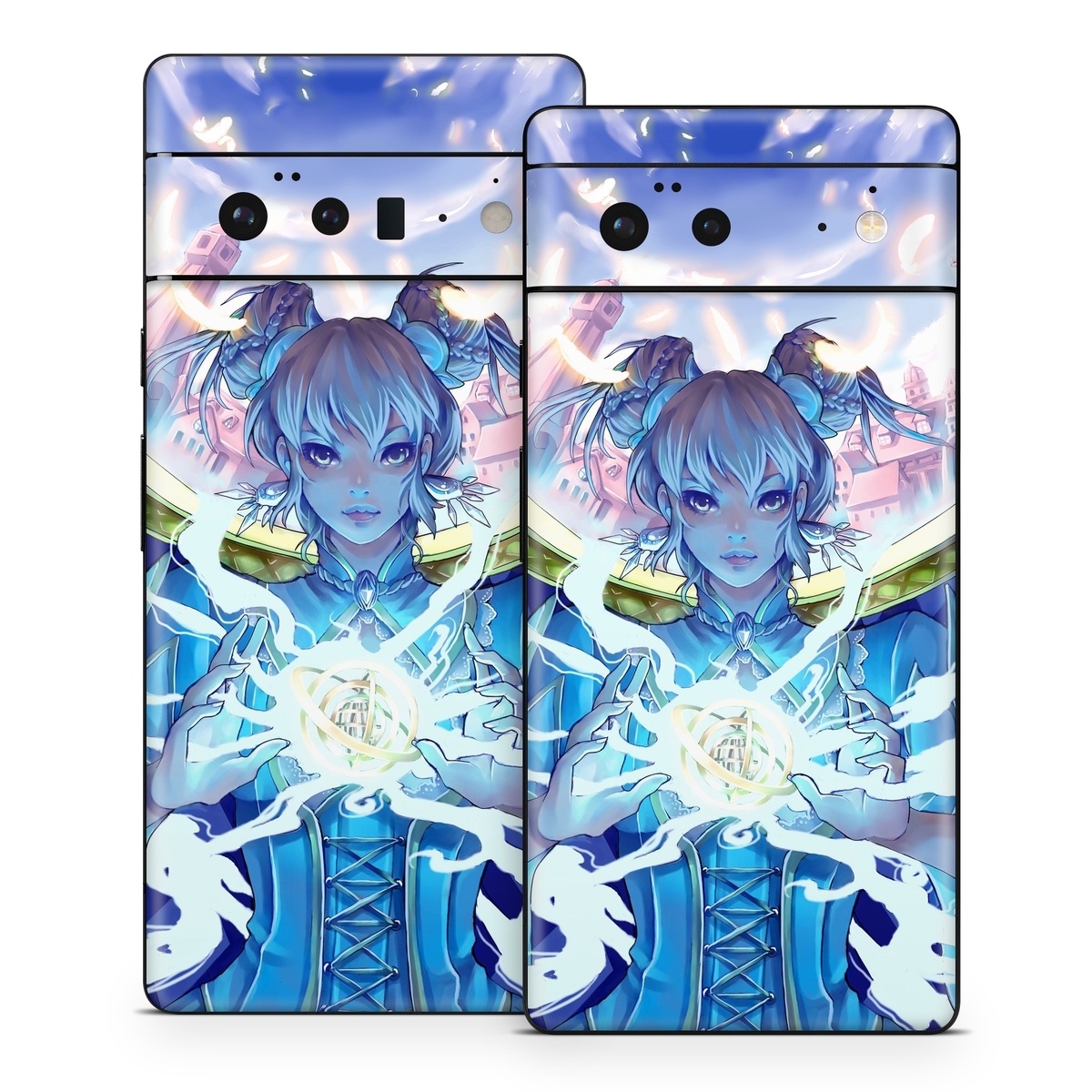 Google Pixel 6 Series Skin design of Cg artwork, Anime, Cartoon, Sky, Long hair, Illustration, Fictional character, Black hair, Art, with blue, purple, pink, white, yellow colors