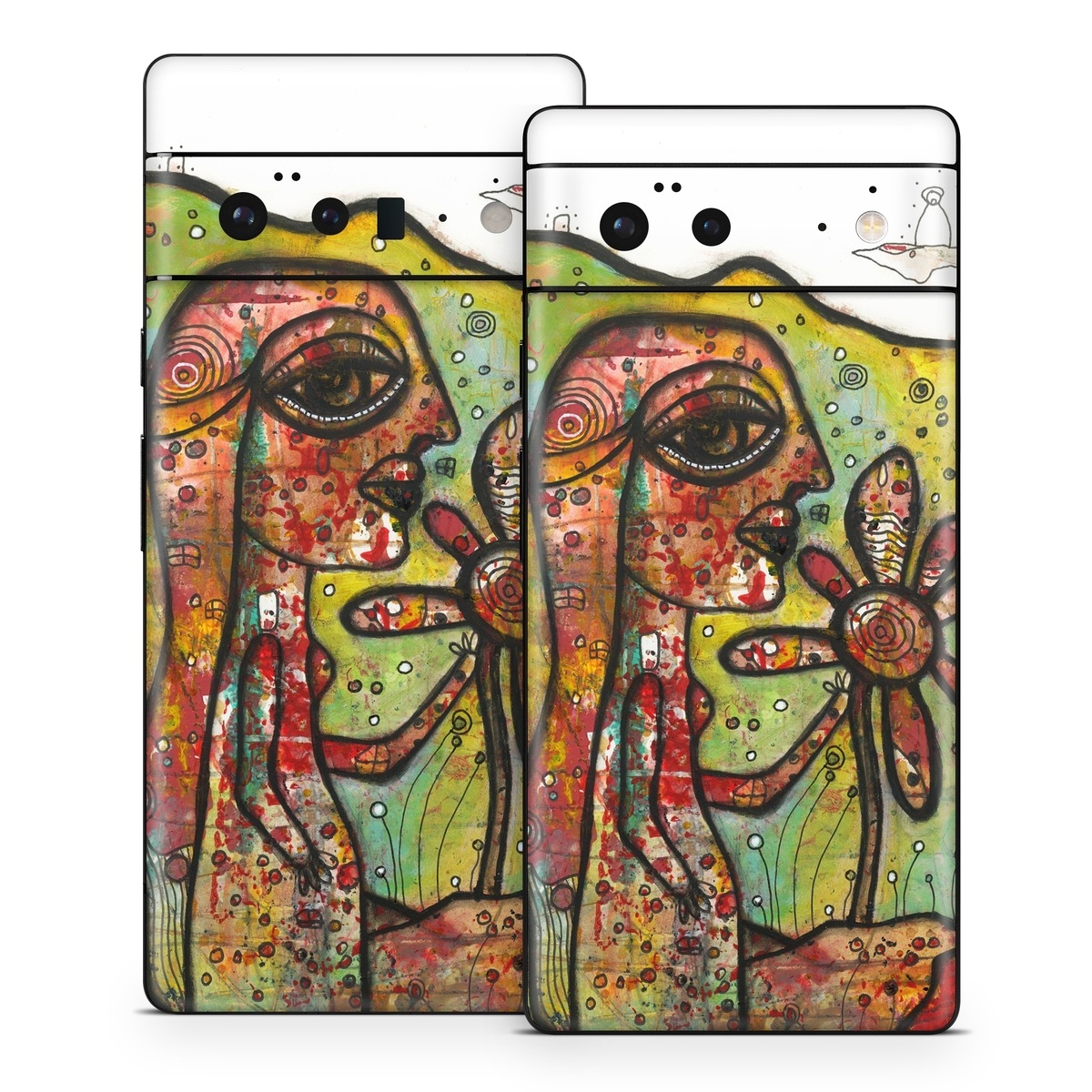 Google Pixel 6 Series Skin design of Modern art, Art, Painting, Acrylic paint, Psychedelic art, Visual arts, Watercolor paint, Illustration, Paint, Style, with green, black, red, white, orange, yellow colors