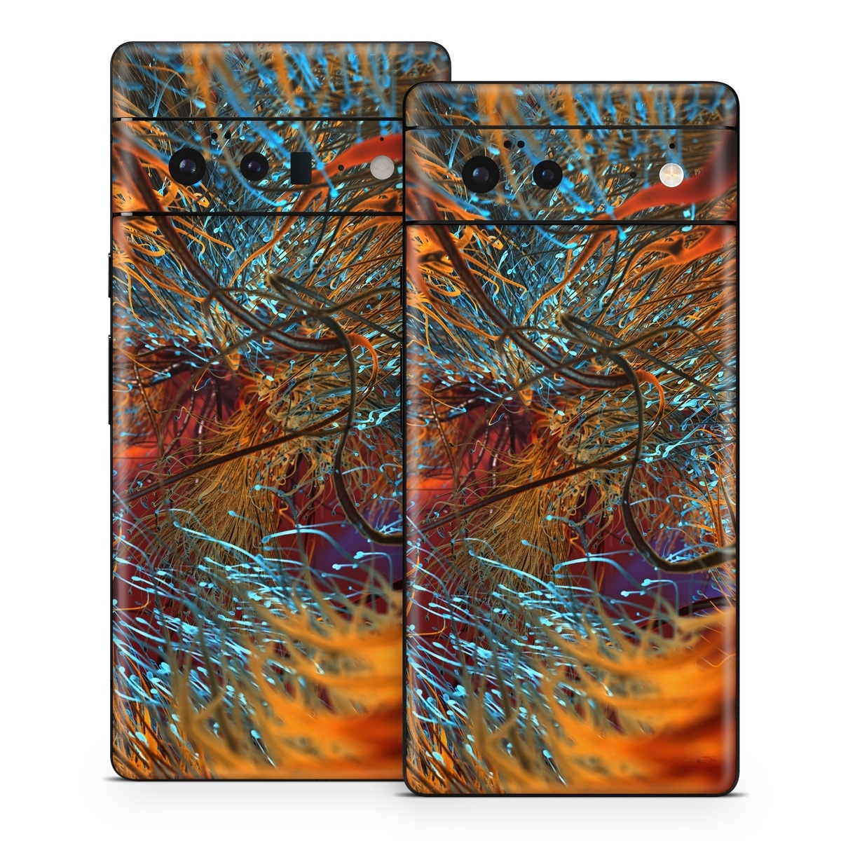 Google Pixel 6 Series Skin design of Orange, Tree, Electric blue, Organism, Fractal art, Plant, Art, Graphics, Space, Psychedelic art, with orange, blue, red, yellow, purple colors