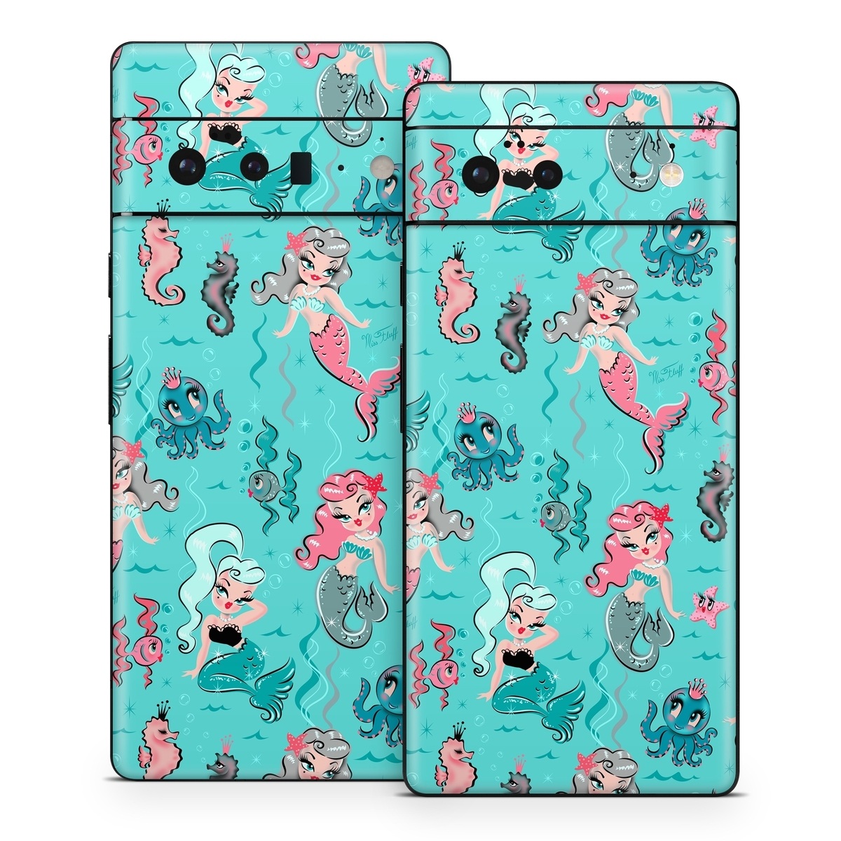 Google Pixel 6 Series Skin design of Turquoise, Wrapping paper, Cartoon, Pattern, Textile, Aqua, Design, Gift wrapping, Illustration, Fictional character, with blue, pink, yellow, gray colors