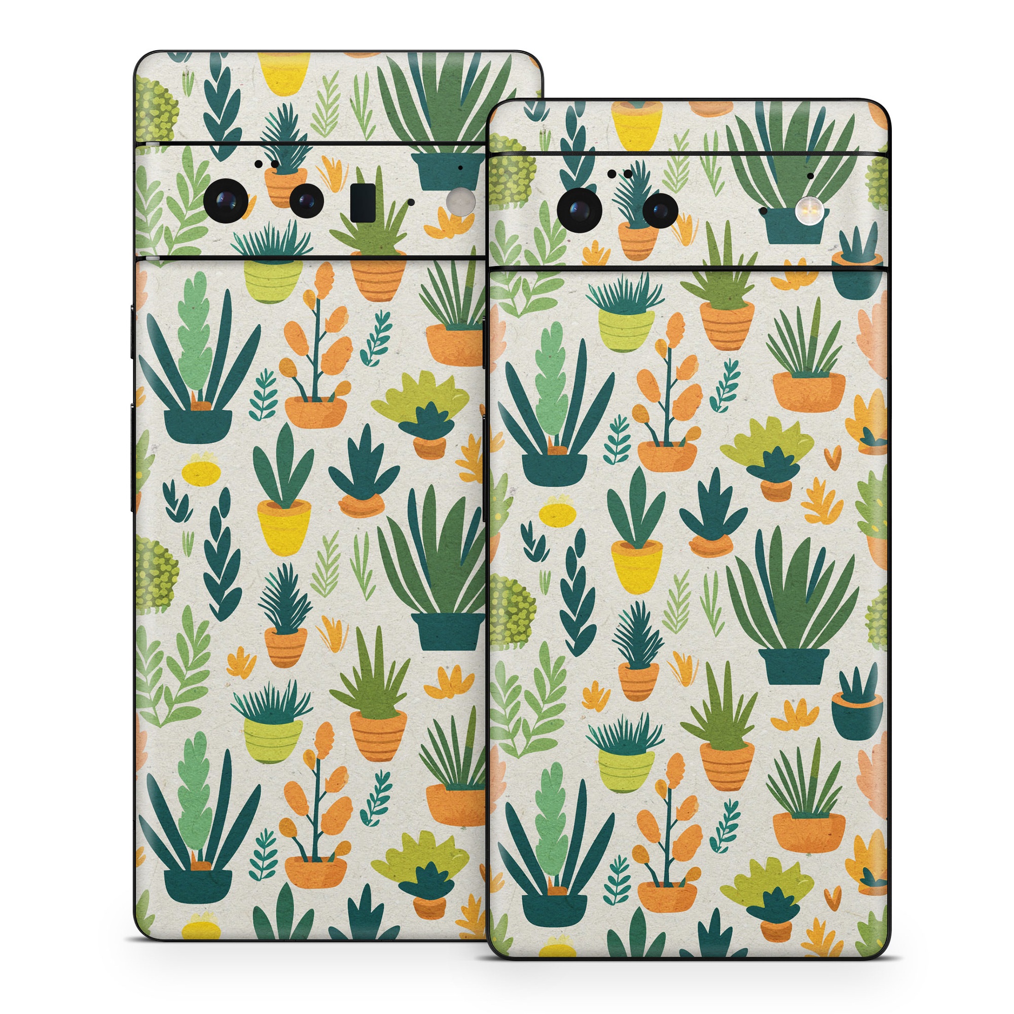 Google Pixel 6 Series Skin design of Flower, Plant, Petal, Textile, Botany, Art, Creative arts, Flowering plant, Porcelain, Groundcover, with white, green, brown, yellow, orange colors