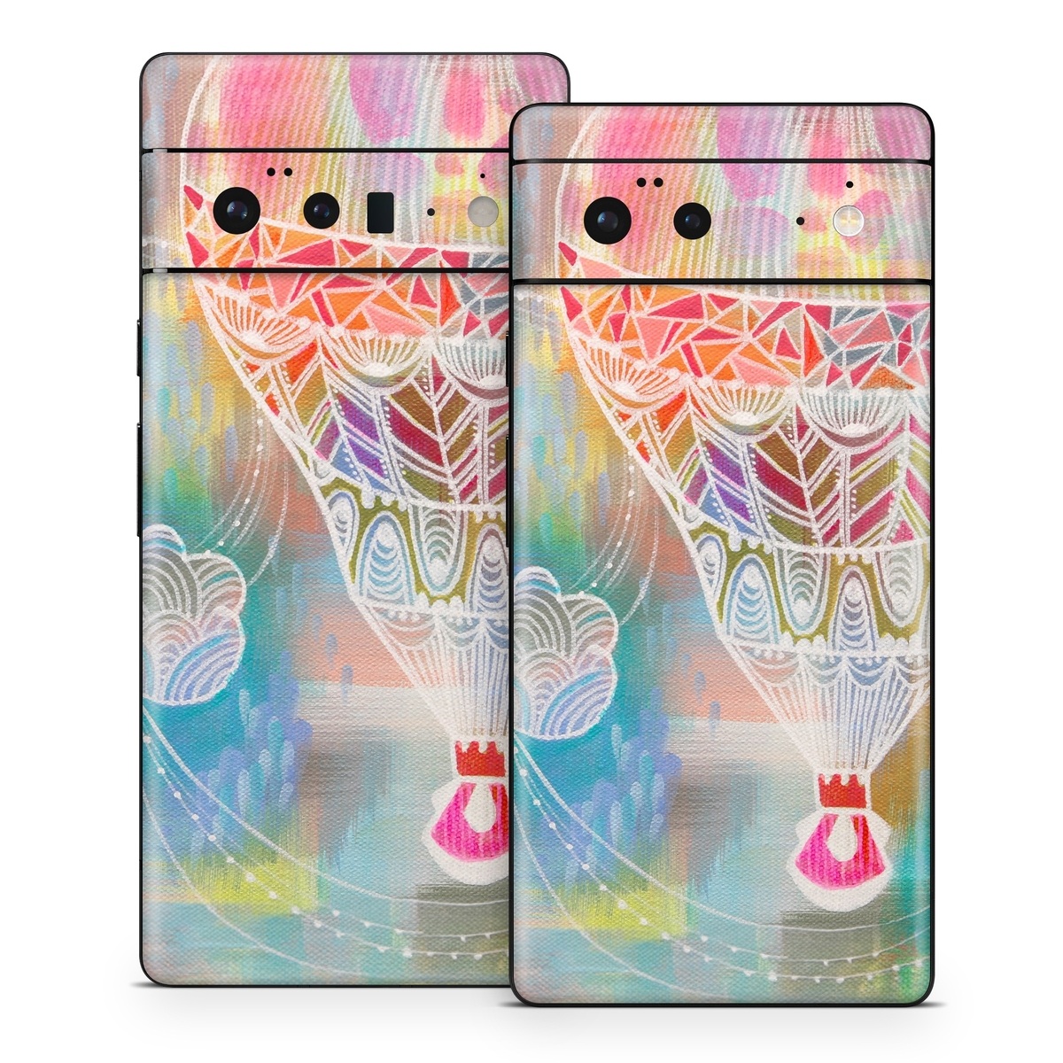 Google Pixel 6 Series Skin design of Hot air balloon, Balloon, Illustration, Pattern, Vehicle, Aerostat, Hot air ballooning, Graphic design, Art, with blue, red, yellow, pink, white colors