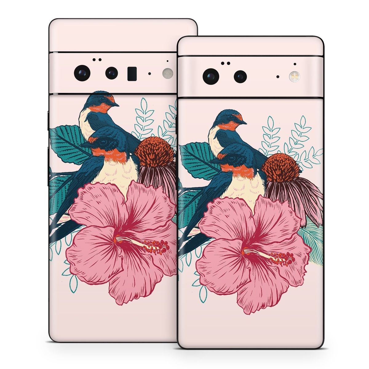 Google Pixel 6 Series Skin design of Bird, Hawaiian hibiscus, Hibiscus, Illustration, Chinese hibiscus, Botany, Flower, Plant, Malvales, Mallow family, with blue, pink, green, yellow, red colors