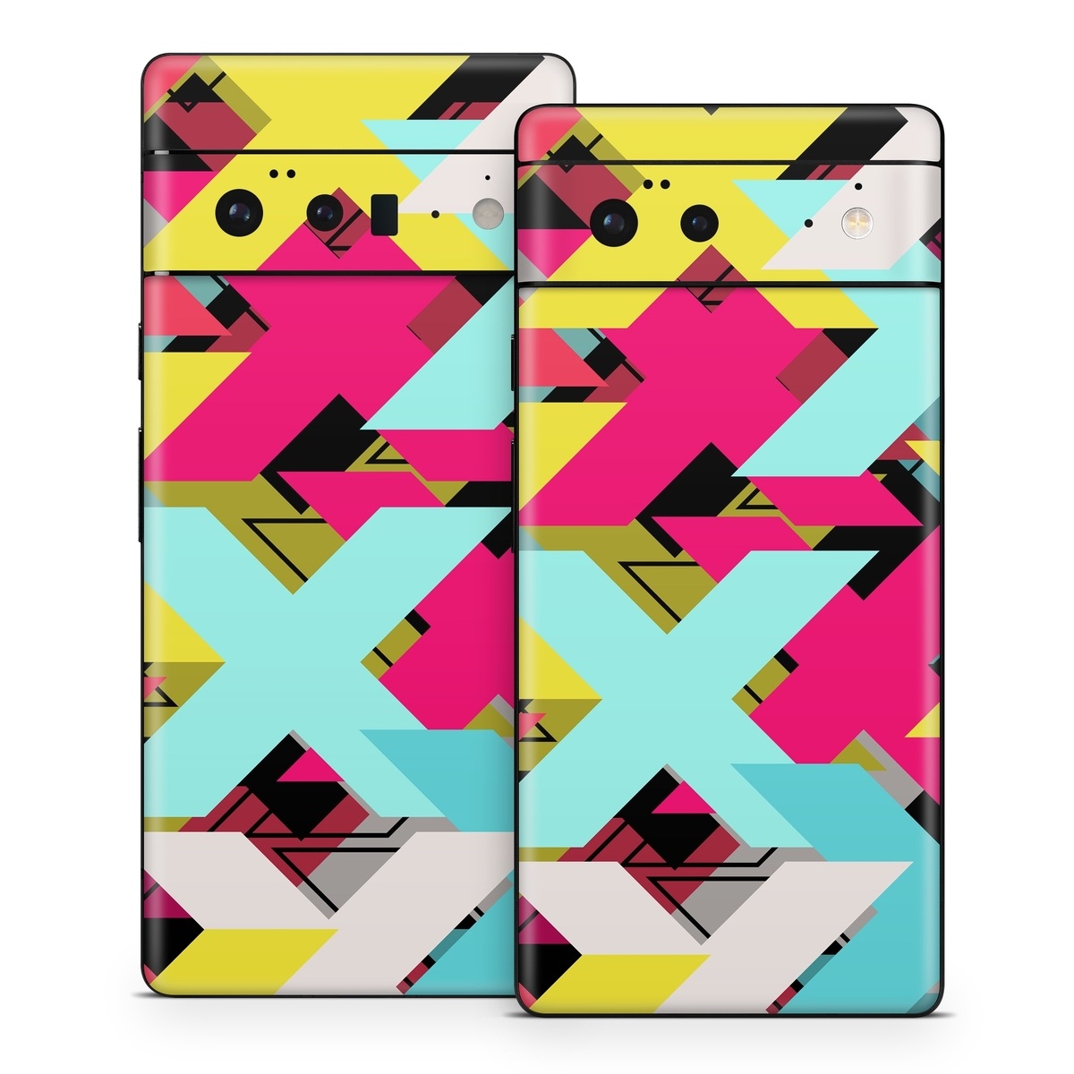 Google Pixel 6 Series Skin design of Pattern, Graphic design, Line, Design, Triangle, Font, Illustration, Magenta, Visual arts, with yellow, blue, white, black, red, pink colors