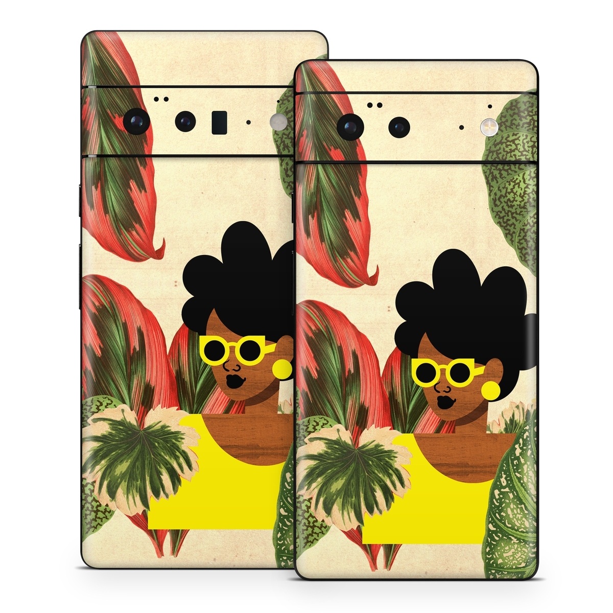 Google Pixel 6 Series Skin design of Illustration, Plant, Botany, Organism, Leaf, Art, Animation, Grass, Flower, Perennial plant, with green, black, brown, yellow, red colors