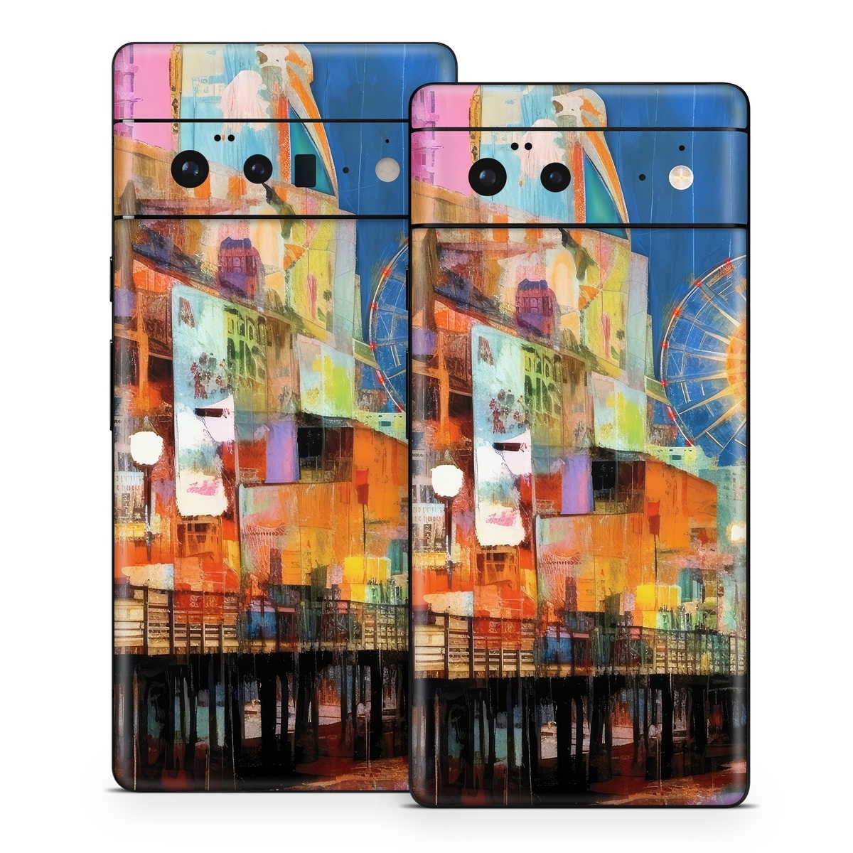 Google Pixel 6 Series Skin design of Light, World, Window, Tints and shades, City, Art, Leisure, Event, Building, Ferris wheel, with black, white, blue, pink, red, orange, yellow, green colors