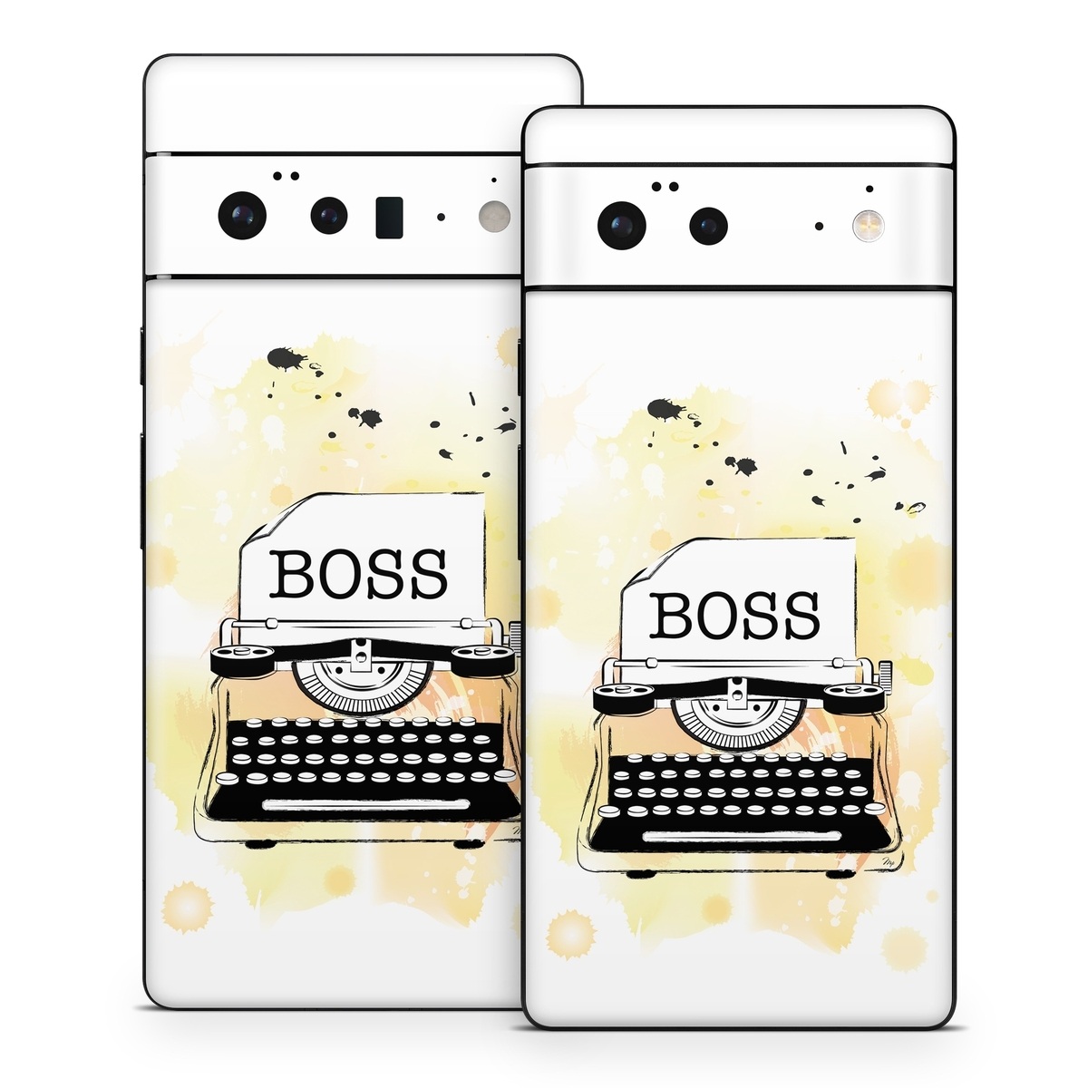 Google Pixel 6 Series Skin design of Font, Office equipment, Art, Typewriter, Illustration, Graphics, Painting, Eyelash, Logo, Line art, with white, black, yellow, orange colors