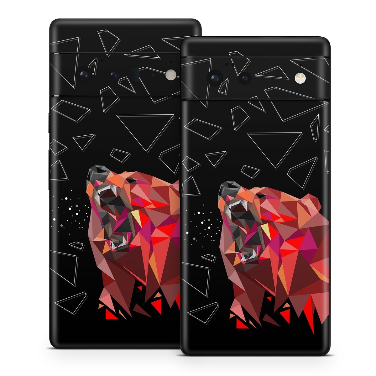Google Pixel 6 Series Skin design of Graphic design, Triangle, Font, Illustration, Design, Art, Visual arts, Graphics, Pattern, Space, with black, red colors