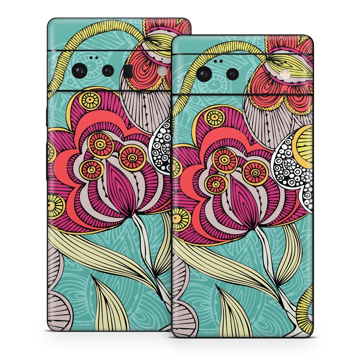 Google Pixel 6 Series Skin design of Pattern, Visual arts, Motif, Floral design, Design, Art, Plant, Flower, Organism, Textile, with red, yellow, blue, gray, pink colors