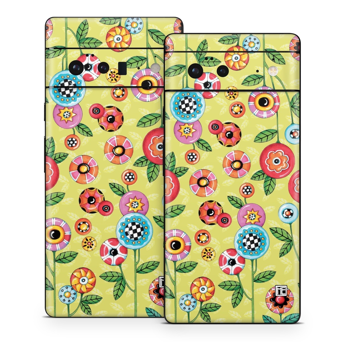 Google Pixel 6 Series Skin design of Wrapping paper, Pattern, Textile, Design, Visual arts, Wildflower, Art, Plant, Child art, Flower, with green, blue, red, yellow, orange, pink colors