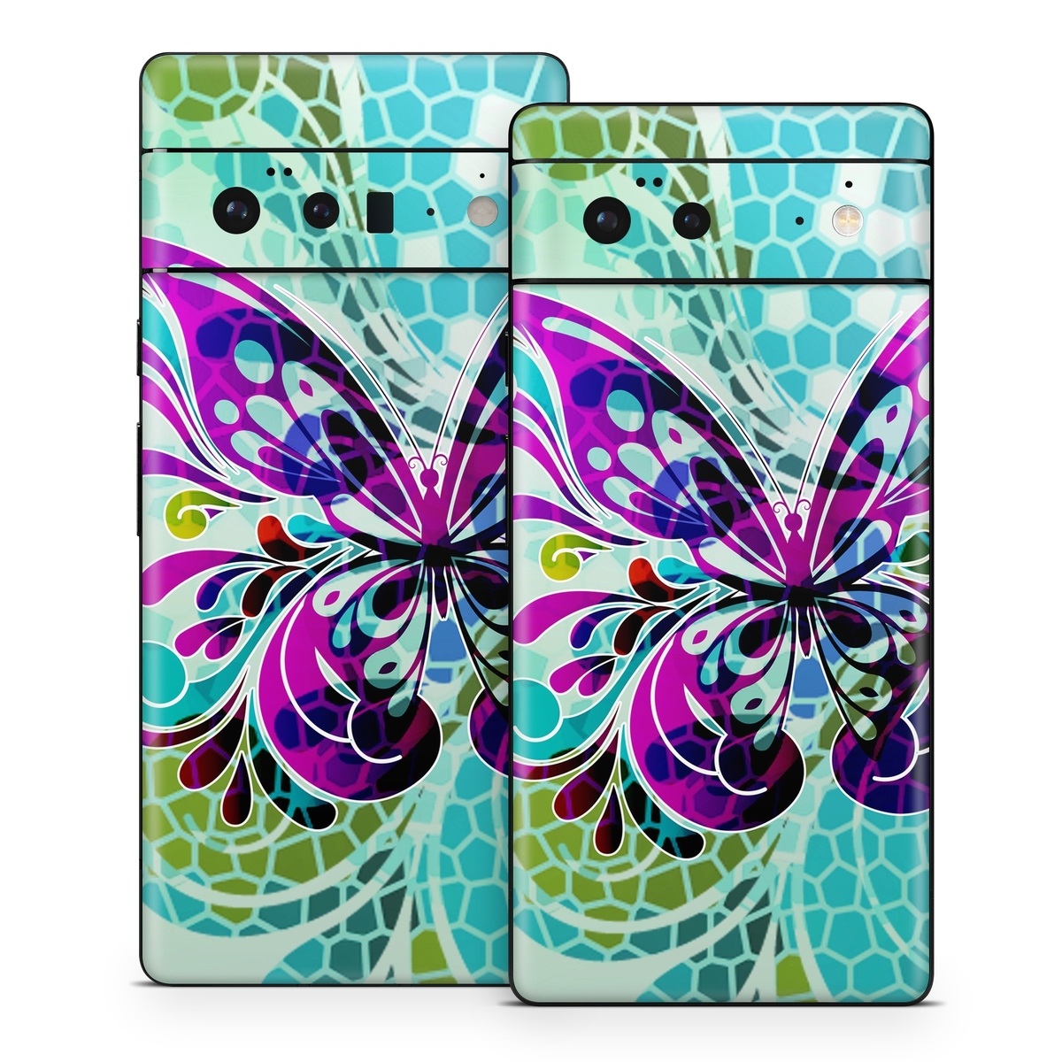Google Pixel 6 Series Skin design of Butterfly, Pattern, Insect, Moths and butterflies, Purple, Graphic design, Design, Pollinator, Visual arts, Magenta, with blue, green, purple colors