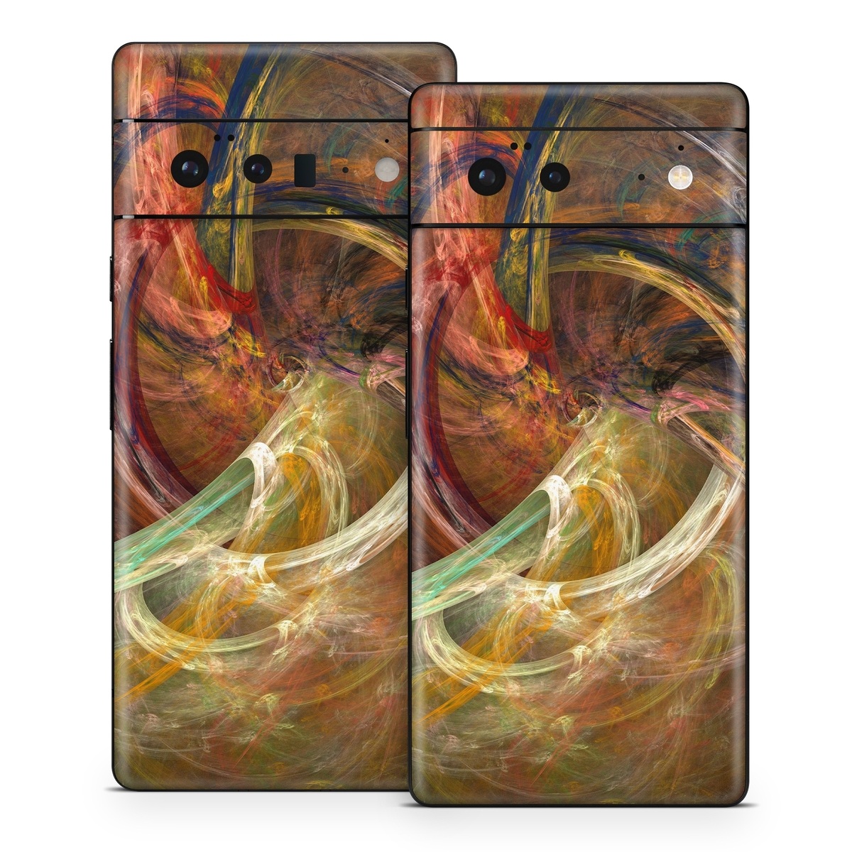 Google Pixel 6 Series Skin design of Fractal art, Art, Painting, Visual arts, Modern art, Graphics, Artwork, Stock photography, Circle, Space, with brown, red, yellow, orange, green colors