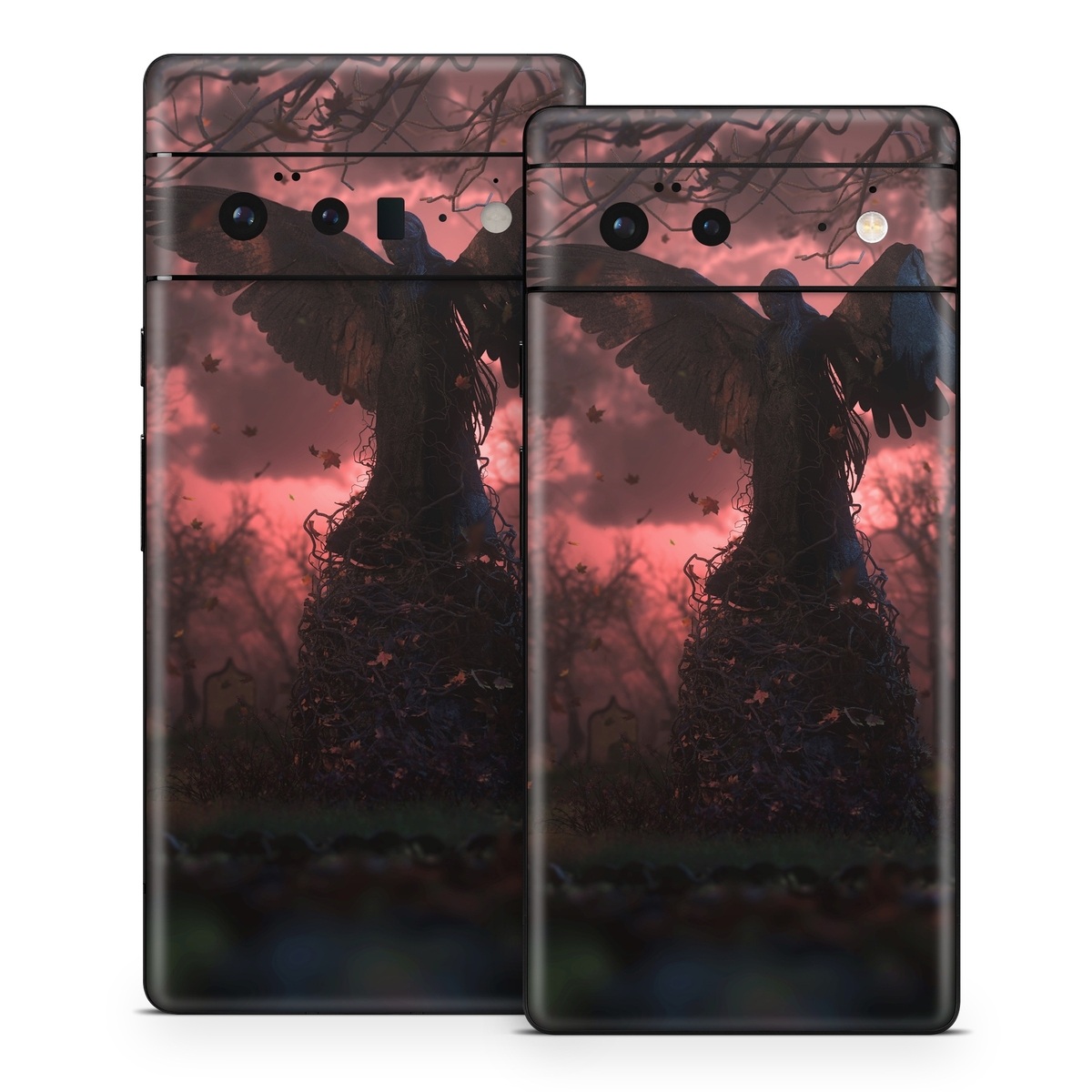 Google Pixel 6 Series Skin design of Nature, Sky, Atmospheric phenomenon, Tree, Atmosphere, Darkness, Night, Screenshot, Cg artwork, Fictional character, with black, red colors