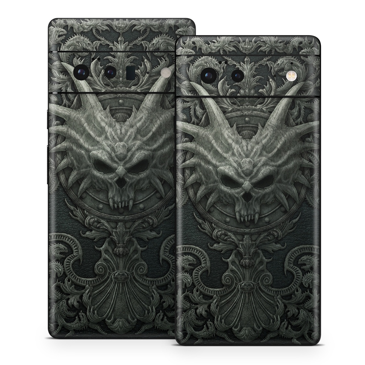 Google Pixel 6 Series Skin design of Demon, Dragon, Fictional character, Illustration, Supernatural creature, Drawing, Symmetry, Art, Mythology, Mythical creature, with black, gray colors
