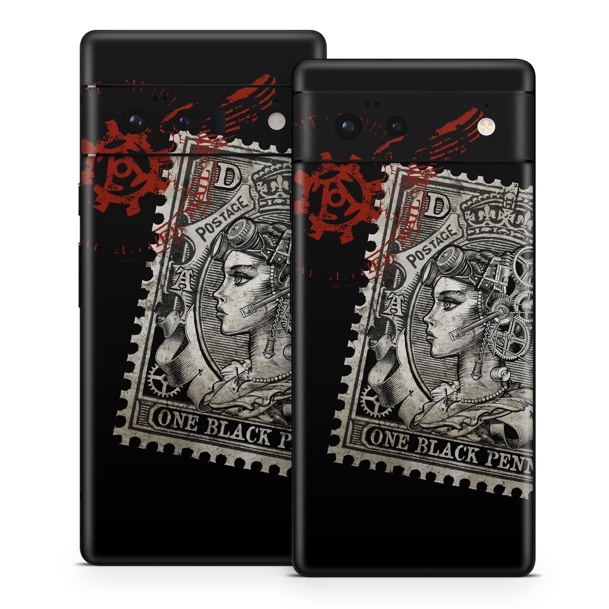 Google Pixel 6 Series Skin design of Font, Postage stamp, Illustration, Drawing, Art, with black, gray, red colors
