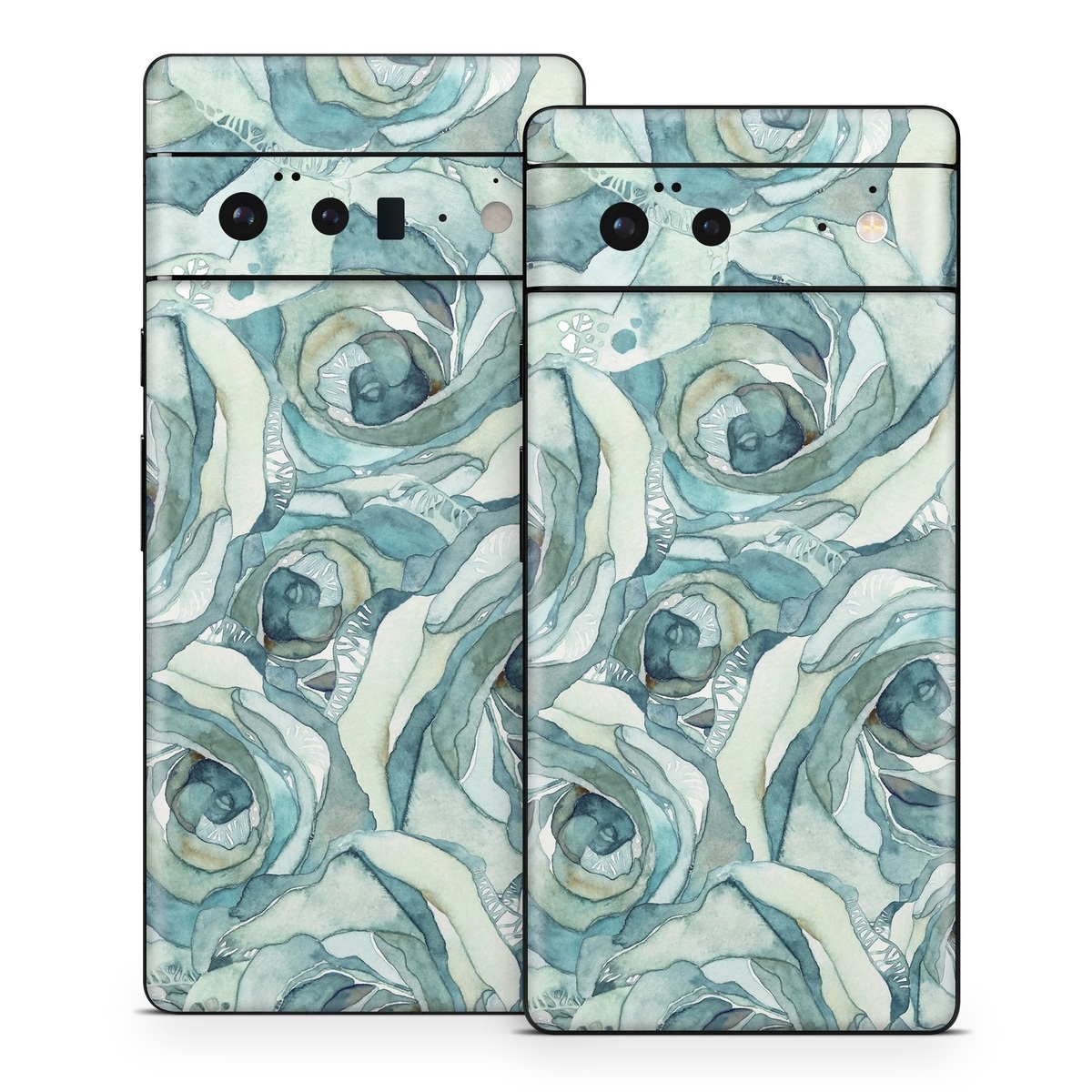 Google Pixel 6 Series Skin design of Rose, Garden roses, Blue, Flower, Rose family, Watercolor paint, Plant, Pattern, Rosa × centifolia, Blue rose, with blue, green colors