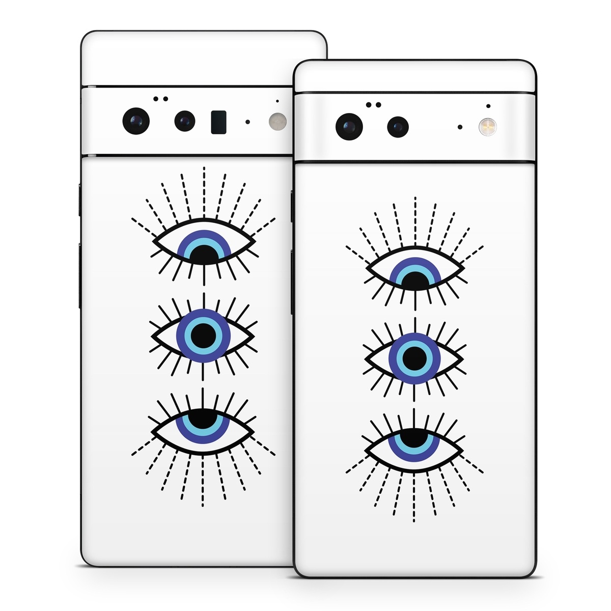 Google Pixel 6 Series Skin design of Eyebrow, Eyelash, Iris, Art, Font, Circle, Electric blue, Symmetry, Illustration, Graphics, with black, white, blue, purple colors