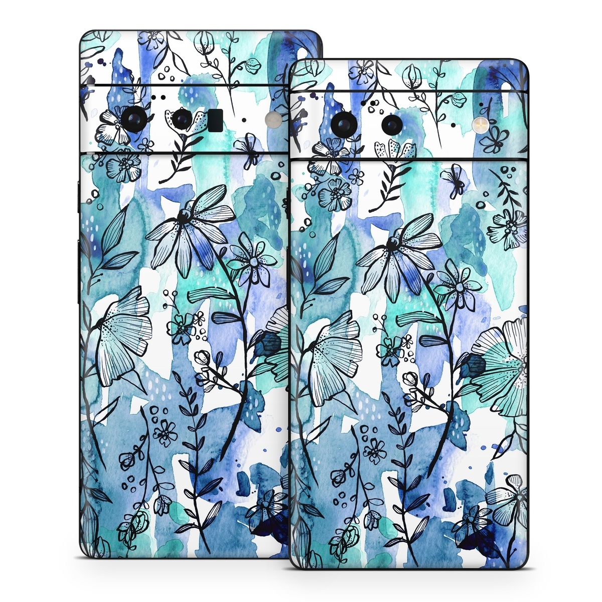 Google Pixel 6 Series Skin design of Blue, Pattern, Turquoise, Aqua, Design, Textile, Wildflower, Plant, Wrapping paper, Gift wrapping, with blue, white, black, purple colors