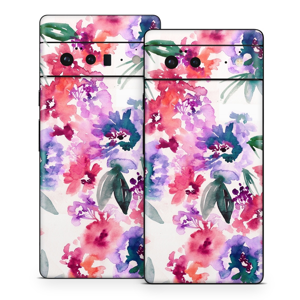 Google Pixel 6 Series Skin design of Purple, Pattern, Pink, Lilac, Violet, Flower, Watercolor paint, Floral design, Plant, Design, with green, pink, red, purple, white colors