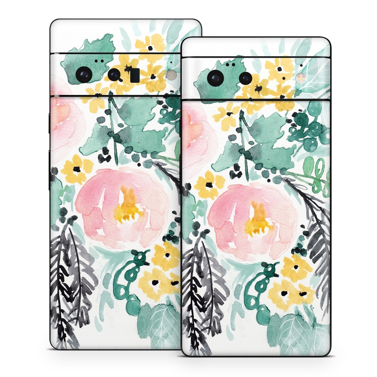 Google Pixel 6 Series Skin design of Branch, Clip art, Watercolor paint, Flower, Leaf, Botany, Plant, Illustration, Design, Graphics, with green, pink, red, orange, yellow colors