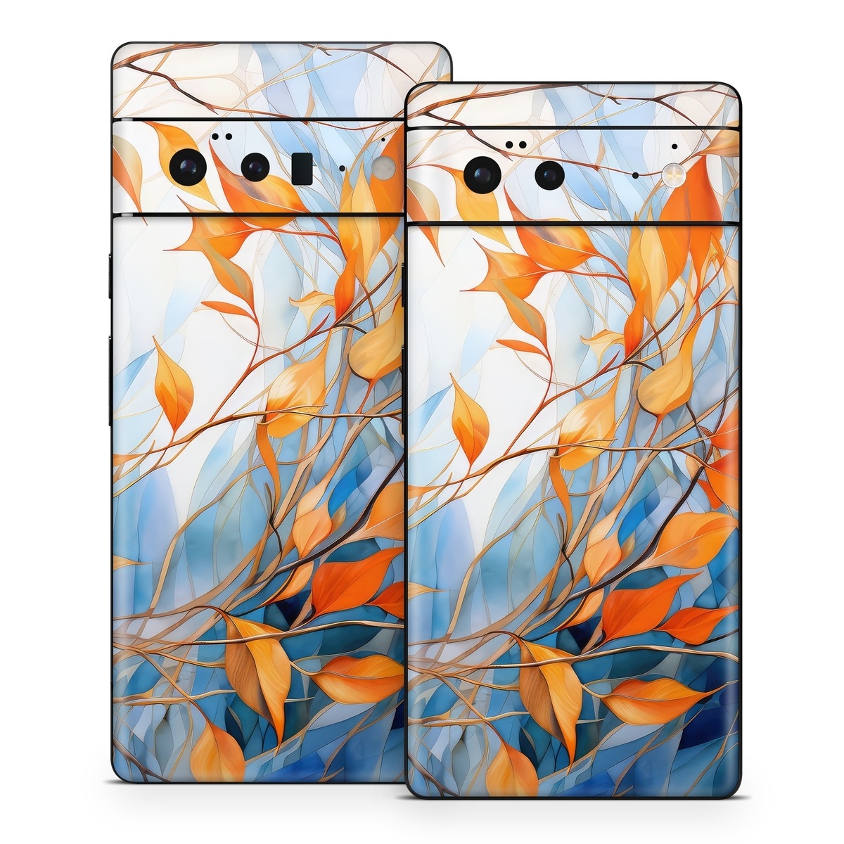 Google Pixel 6 Series Skin design of Plant, Amber, Twig, Branch, Orange, Vegetation, Natural landscape, Tree, Woody plant, Deciduous, with yellow, orange, red, blue, white, purple colors