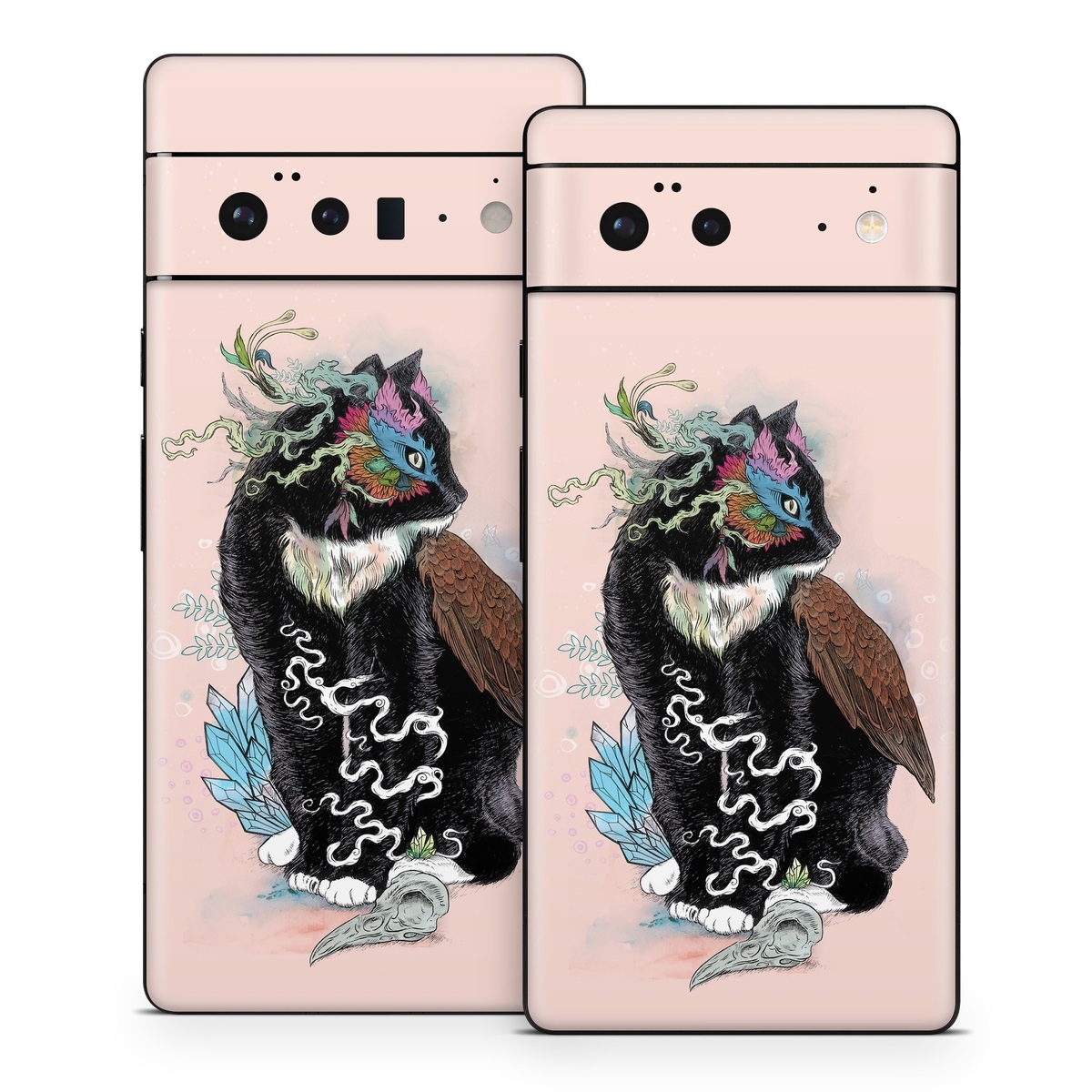 Google Pixel 6 Series Skin design of Illustration, Owl, Art, Graphic design, Cat, Tail, with pink, black, brown, red, green colors