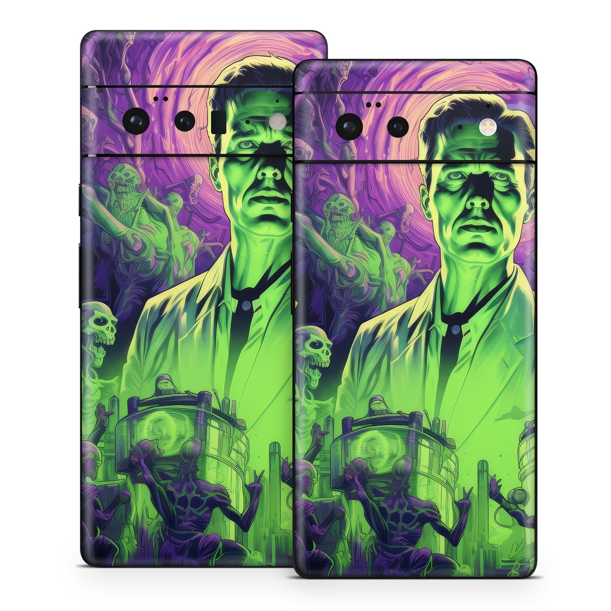 Google Pixel 6 Series Skin design of Art, Cool, Fictional character, Illustration, Painting, Electric blue, Visual arts, Artist, Event, Drawing, with black, green, purple colors
