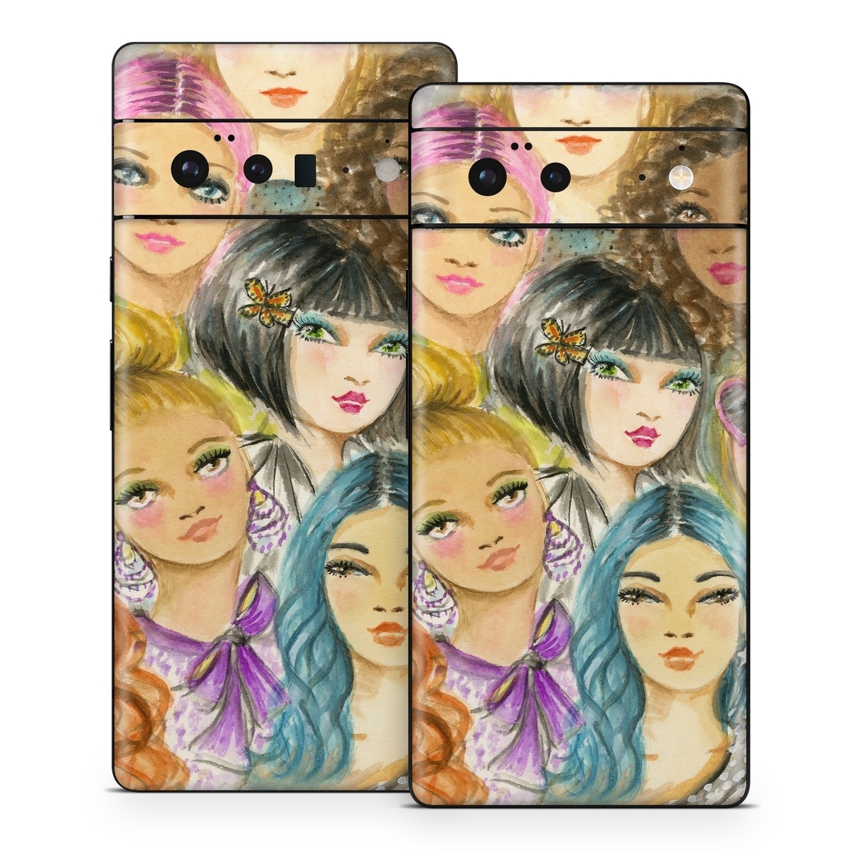 Google Pixel 6 Series Skin design of Face, Hair, Head, Art, Hair coloring, Cheek, Illustration, Human, Watercolor paint, Brown hair, with white, black, brown, yellow, purple, blue, pink colors