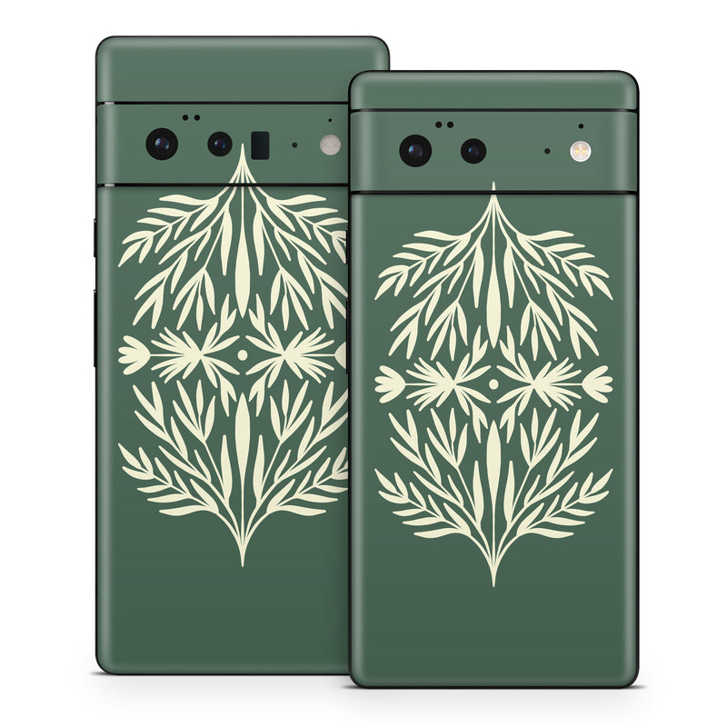 Google Pixel 6 Series Skin design of Plant, Terrestrial plant, Art, Triangle, Symmetry, Pattern, Electric blue, Graphics, Grass, Visual arts, with green, white colors