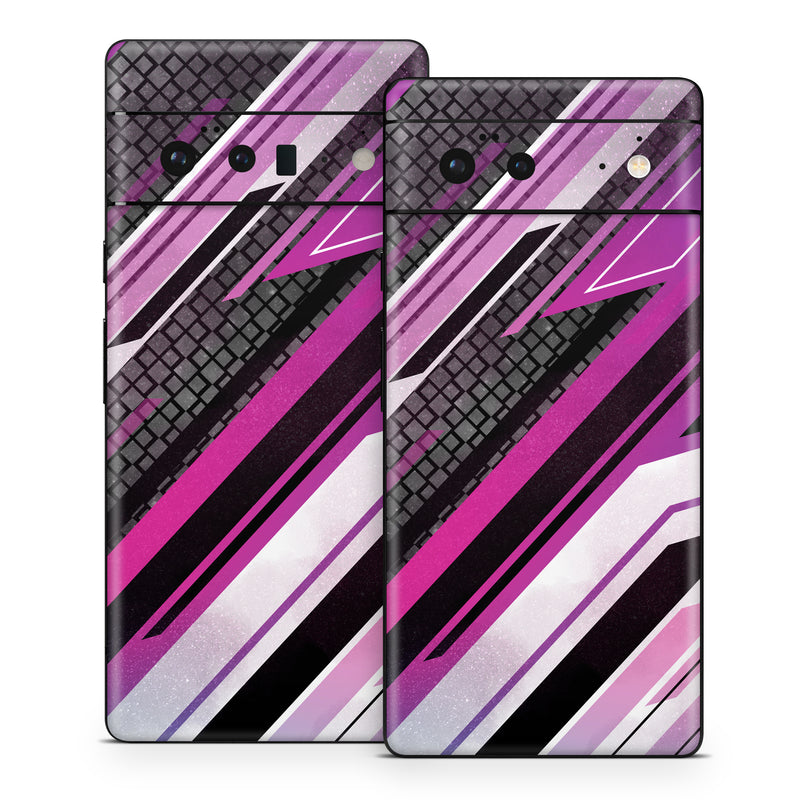 Google Pixel 6 Series Skin design of Automotive lighting, Hood, Grille, Purple, Automotive design, Automotive exterior, Violet, Motor vehicle, Pink, Line, with black, purple, white, gray, pink colors
