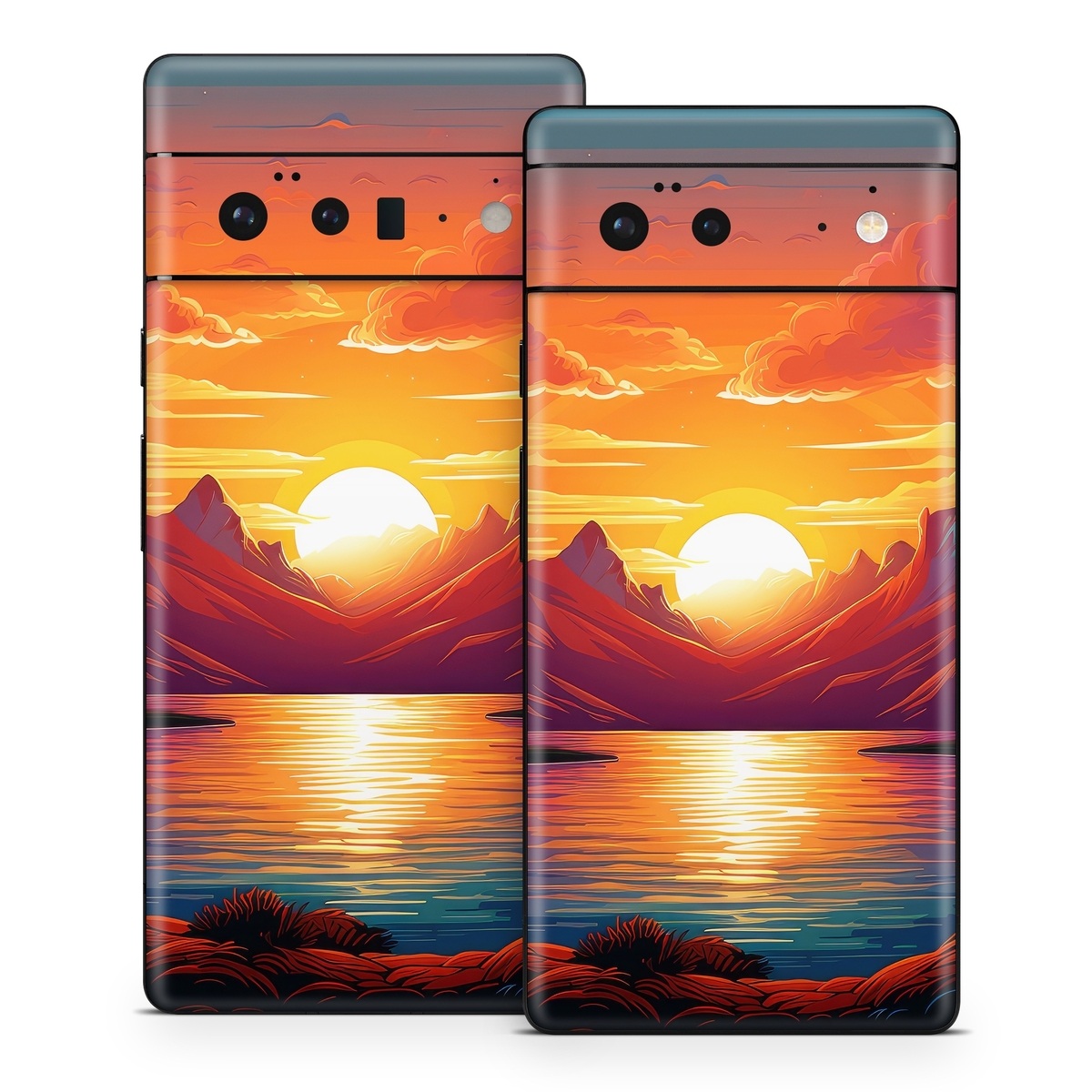 Google Pixel 6 Series Skin design of Water, Cloud, Sky, Ecoregion, Afterglow, Light, World, Nature, Natural landscape, Mountain, with red, orange, yellow, blue, purple colors
