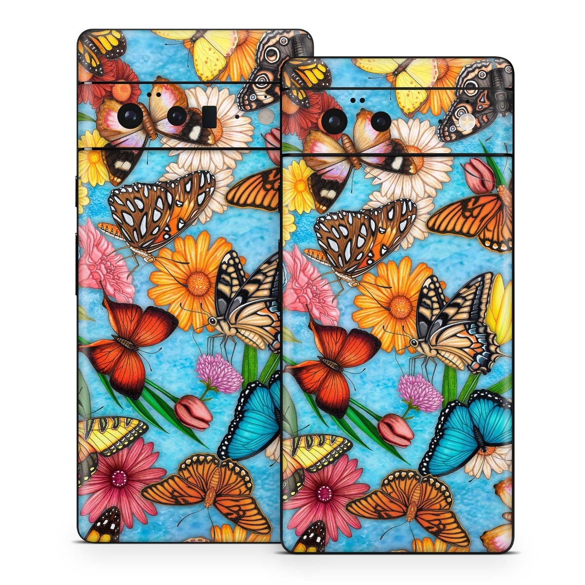 Google Pixel 6 Series Skin design of Cynthia (subgenus), Butterfly, Monarch butterfly, Moths and butterflies, Brush-footed butterfly, Pollinator, Insect, Pattern, Design, Organism, with blue, pink, orange, yellow, red colors
