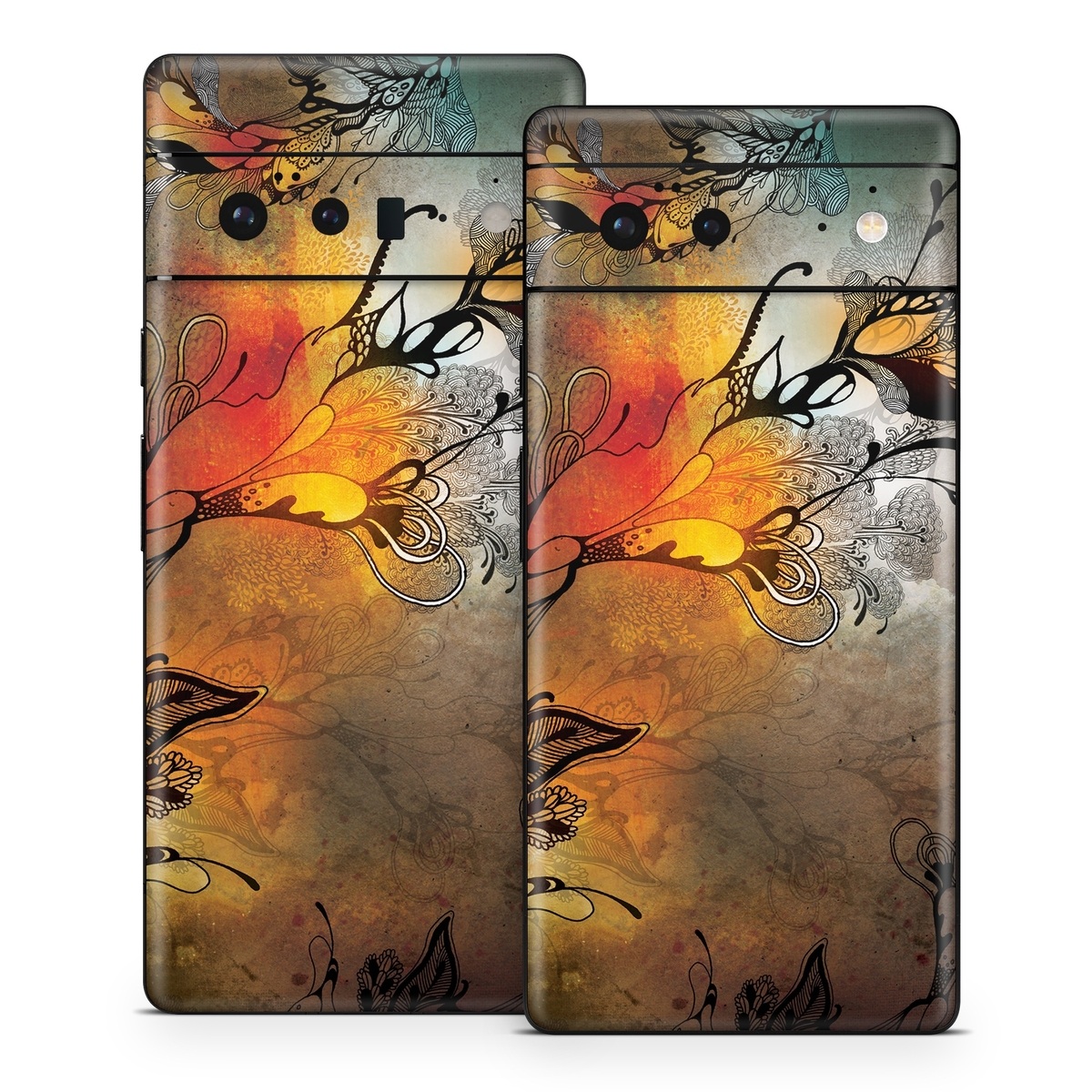 Google Pixel 6 Series Skin design of Yellow, Orange, Art, Branch, Leaf, Graphic design, Visual arts, Pattern, Design, Modern art, with black, red, orange, yellow colors