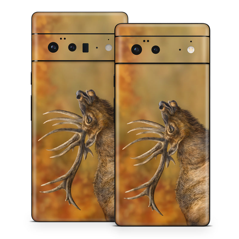 Google Pixel 6 Series Skin design of Head, Deer, Natural material, Barren ground Caribou, Fawn, Terrestrial animal, Horn, Elk, Snout, Reindeer, with brown, black, orange, yellow, gray colors