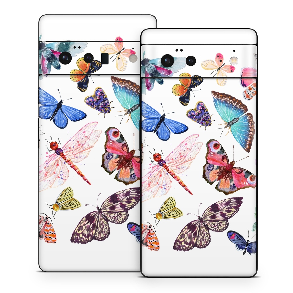 Google Pixel 6 Series Skin design of Butterfly, Pollinator, Insect, Arthropod, Organism, Moths and butterflies, Art, Symmetry, Wing, Illustration, with white, blue, green, red, yellow, orange, pink, brown, purple colors