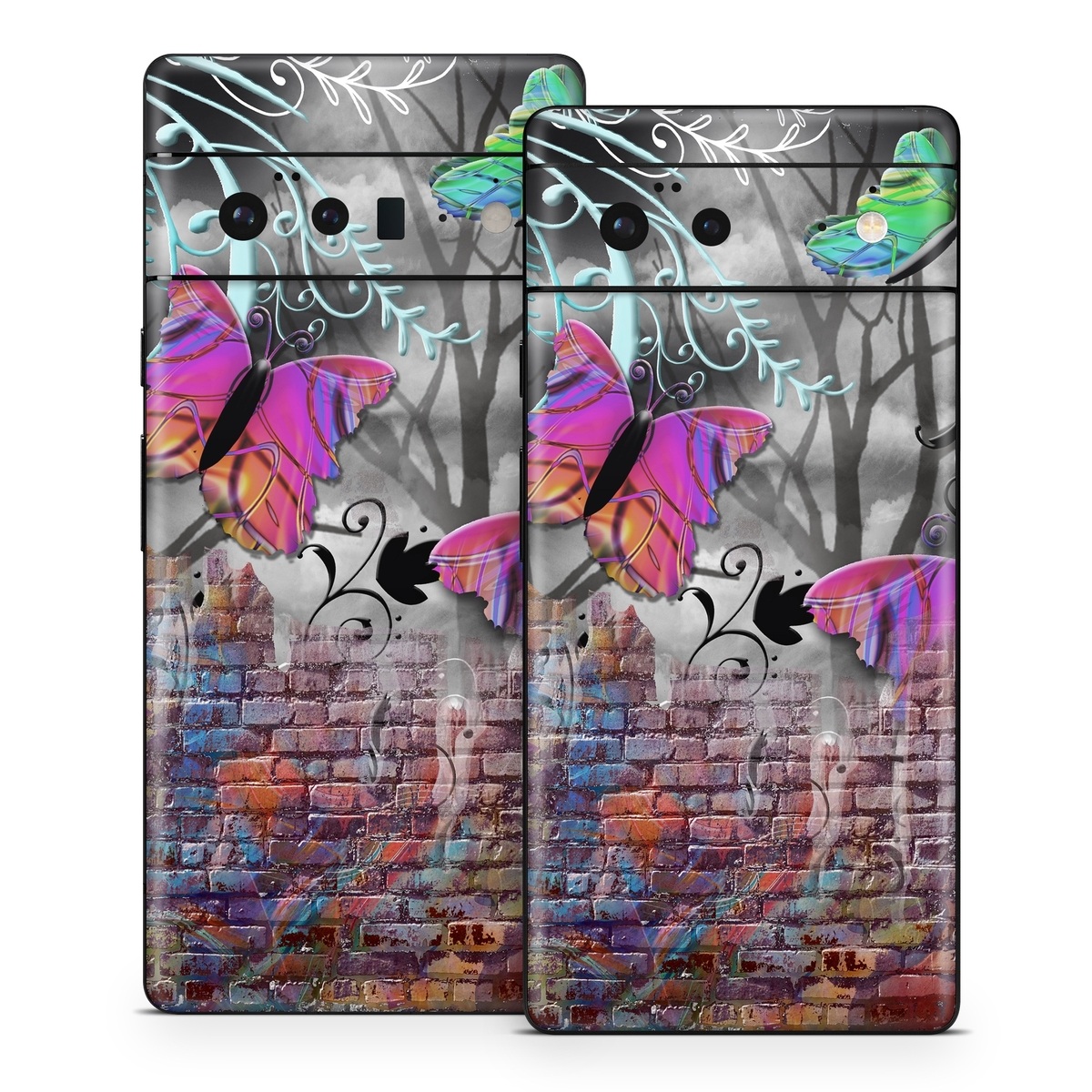 Google Pixel 6 Series Skin design of Purple, Graphic design, Art, Pattern, Graffiti, Organism, Street art, Wall, Font, Illustration, with red, black, gray, purple, orange, blue, green colors