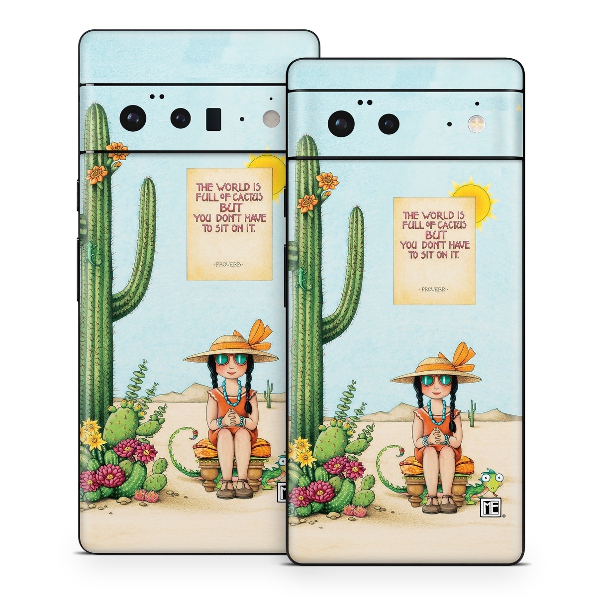 Google Pixel 6 Series Skin design of Cartoon, Cactus, Illustration, Animated cartoon, Plant, Vegetable, Fictional character, Art, with green, yellow, pink, orange, brown colors