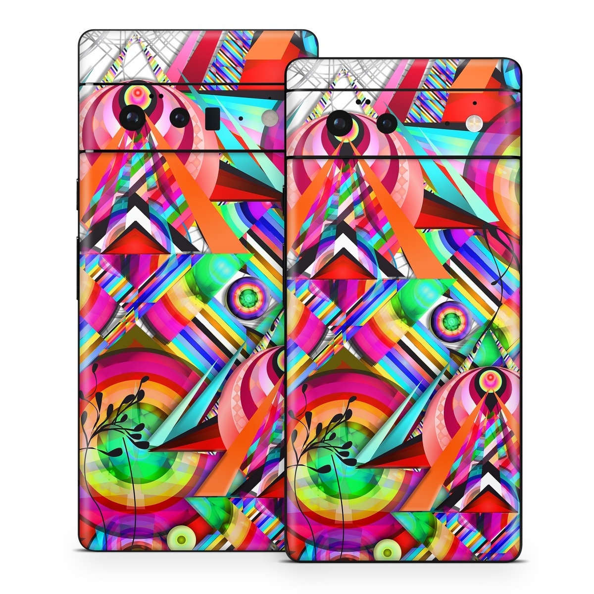 Google Pixel 6 Series Skin design of Psychedelic art, Pattern, Design, Graphic design, Colorfulness, Visual arts, Circle, Art, with red, pink, green, yellow, orange colors