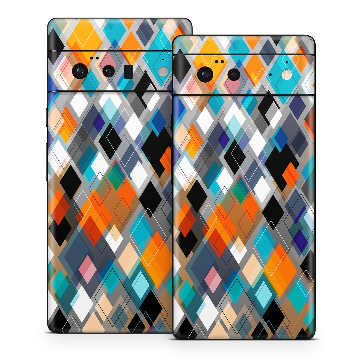 Google Pixel 6 Series Skin design of Pattern, Line, Design, Colorfulness, Plaid, Tints and shades, Textile, Symmetry, Square, with black, blue, red, orange, white colors