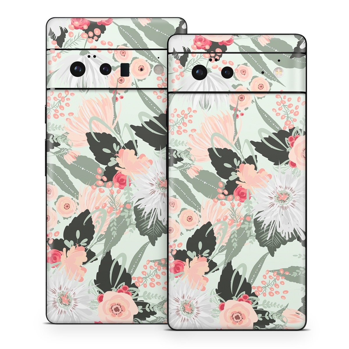 Google Pixel 6 Series Skin design of Pattern, Pink, Floral design, Design, Textile, Wrapping paper, Plant, Peach, Flower, with green, red, white, pink colors