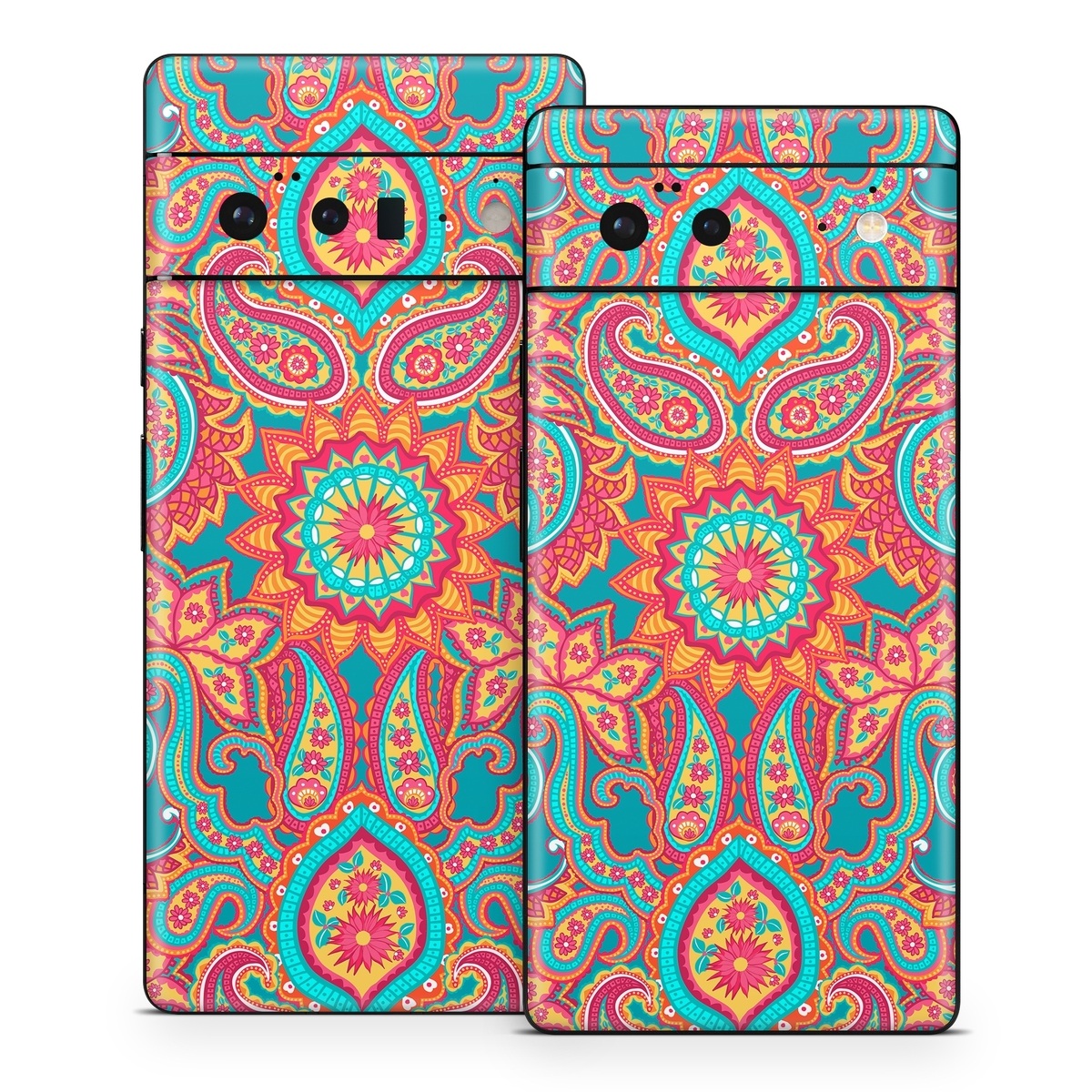 Google Pixel 6 Series Skin design of Pattern, Paisley, Motif, Visual arts, Design, Art, Textile, Psychedelic art, with orange, yellow, blue, red colors