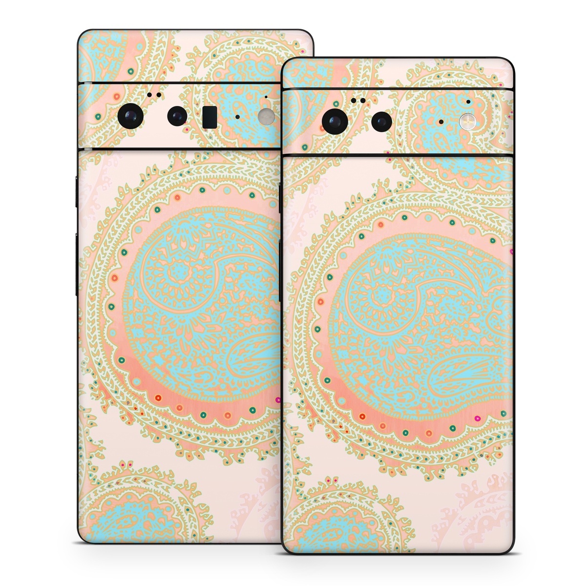 Google Pixel 6 Series Skin design of Pattern, Visual arts, Paisley, Pink, Design, Motif, Line, Wallpaper, Peach, with pink, blue, red colors
