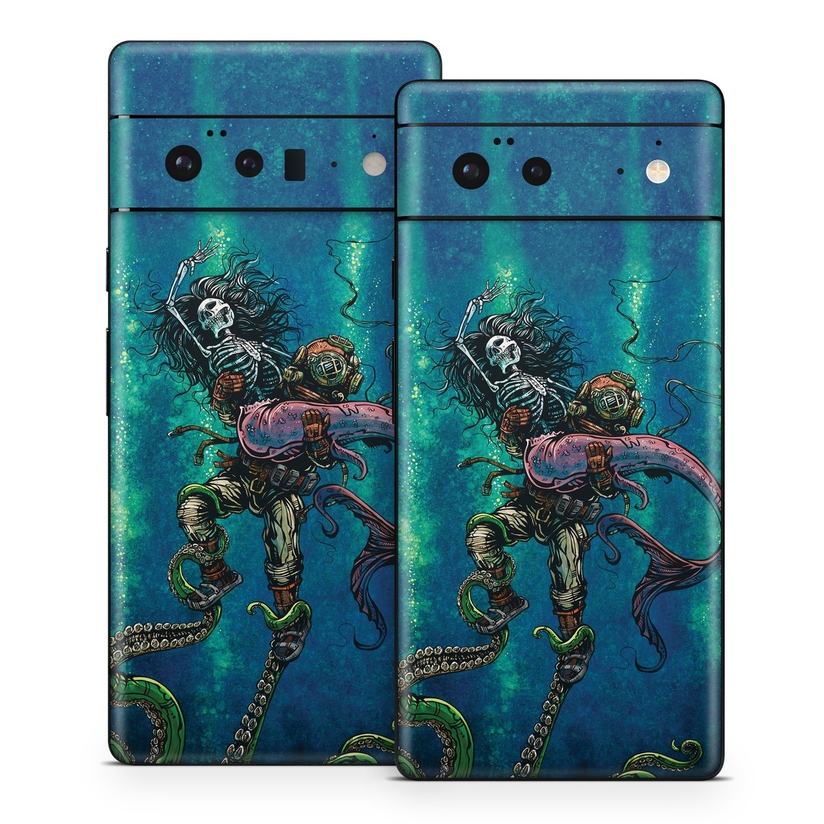Google Pixel 6 Series Skin design of Water, Fluid, Underwater, Marine invertebrates, Marine biology, Electric blue, Liquid, Recreation, Underwater diving, Art, with blue, green, orange, purple, pink, black, white, gray colors