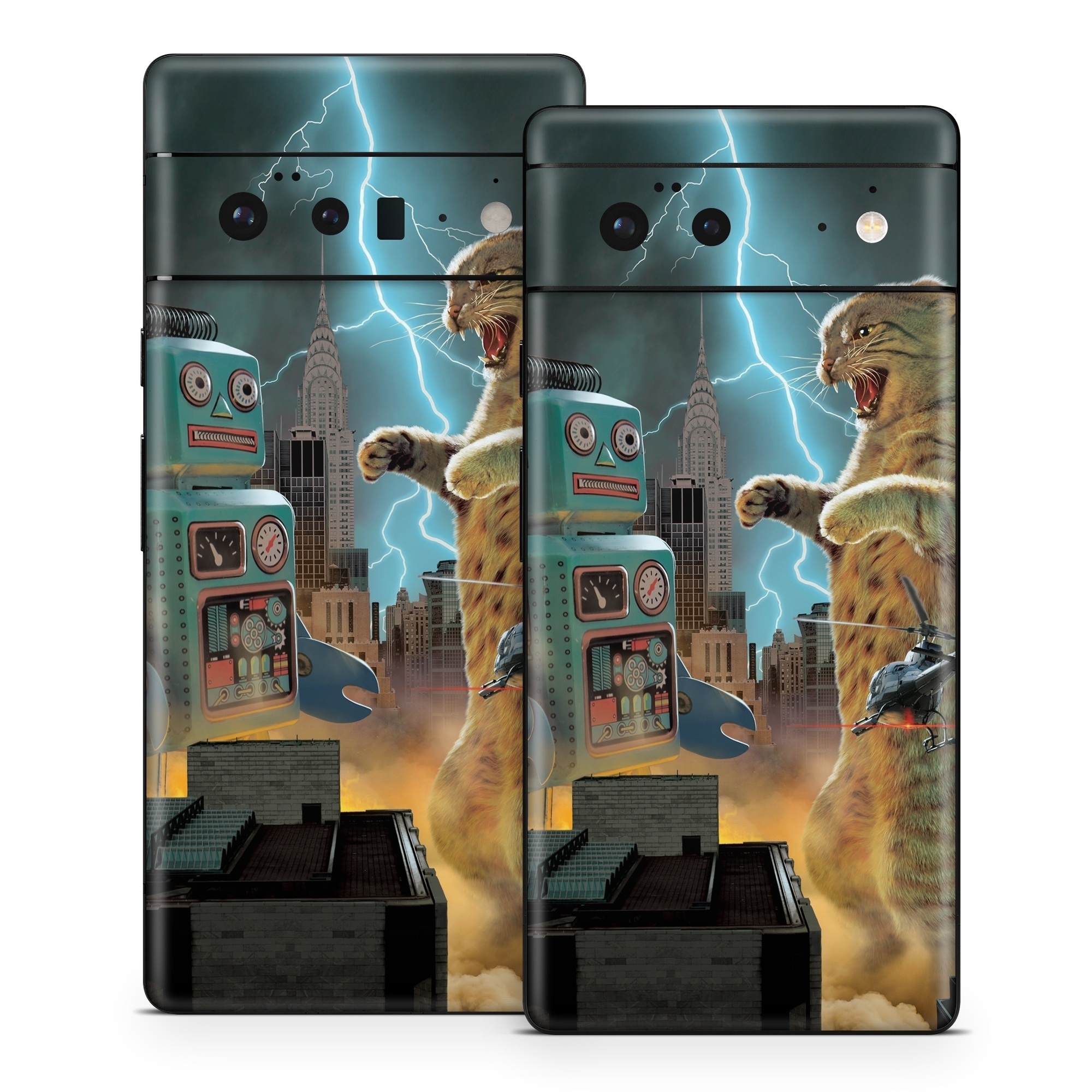 Google Pixel 6 Series Skin design of Lightning, Felidae, Carnivore, Art, Whiskers, Big cats, Cg artwork, Terrestrial animal, Small to medium-sized cats, Thunder, with black, blue, red, yellow, white, brown, gray, orange colors