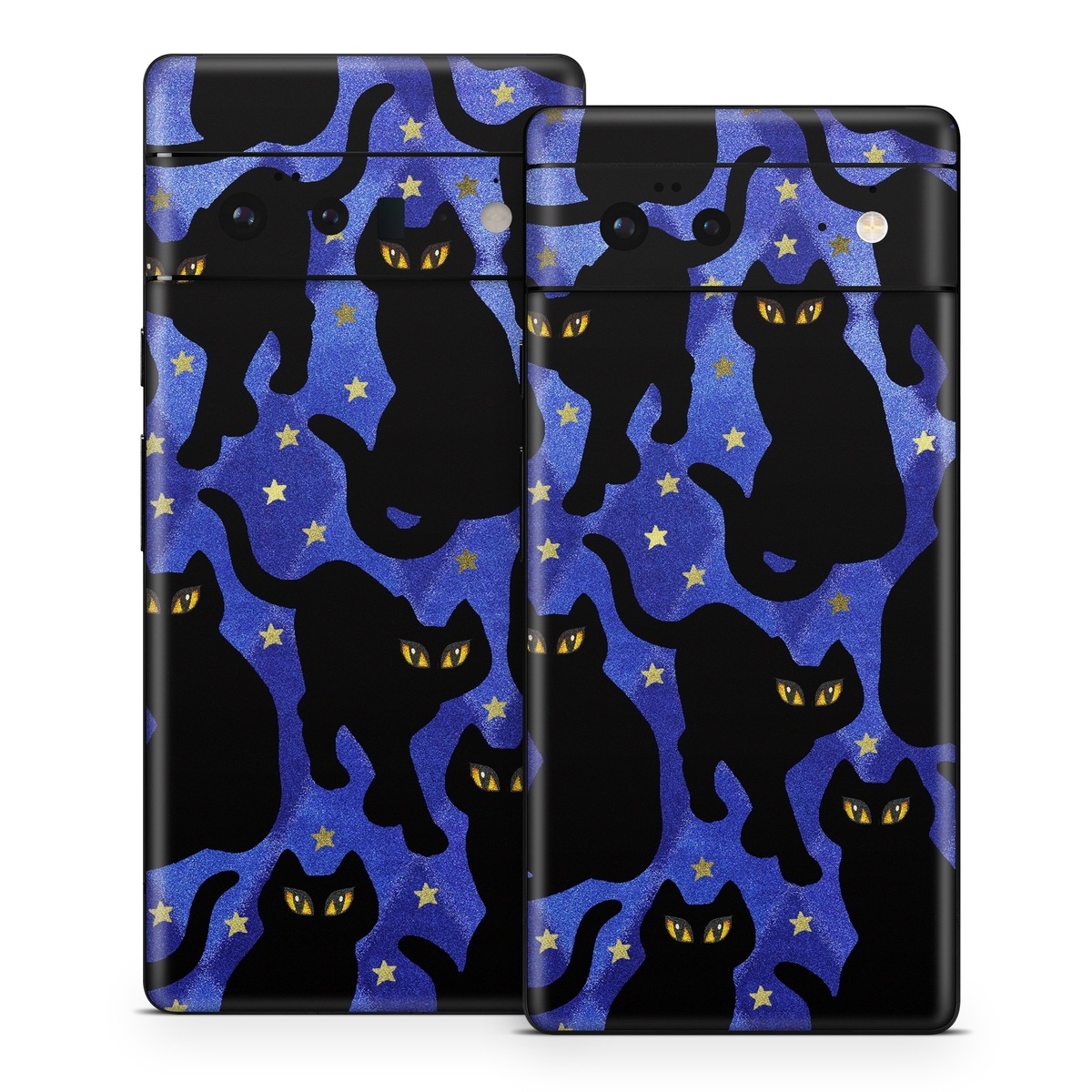 Google Pixel 6 Series Skin design of Black cat, Black, Cat, Small to medium-sized cats, Pattern, Felidae, Design, Electric blue, Illustration, Art, with black, blue, purple, yellow colors