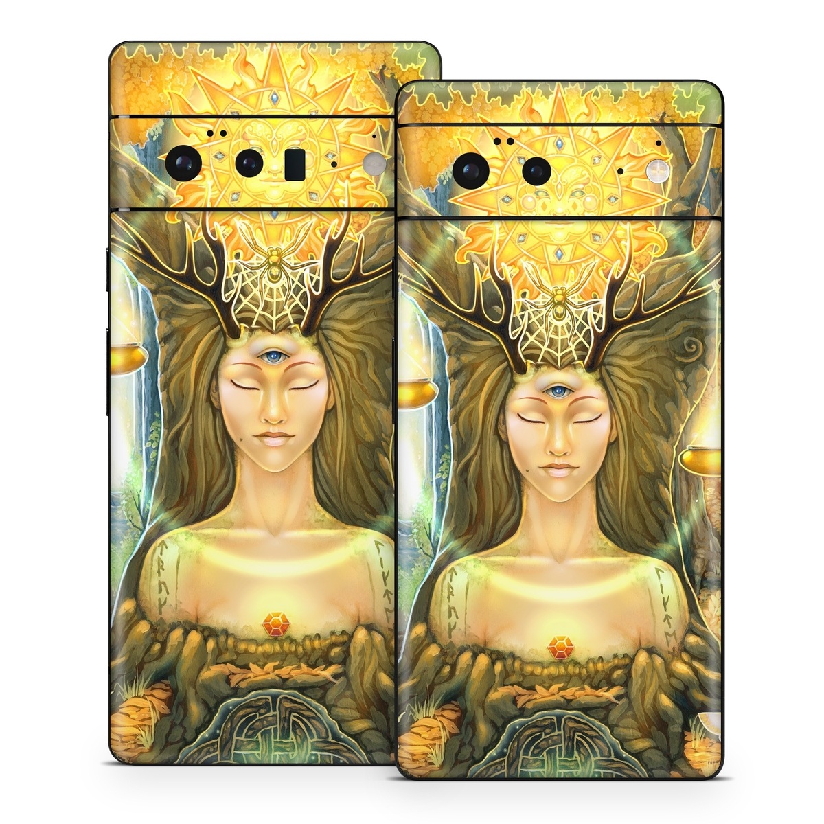 Google Pixel 6 Series Skin design of Painting, Art, Illustration, Plant, Fictional character, Mythology, Cg artwork, Visual arts, Glass, Drawing, with yellow, green, brown, pink, orange, black colors