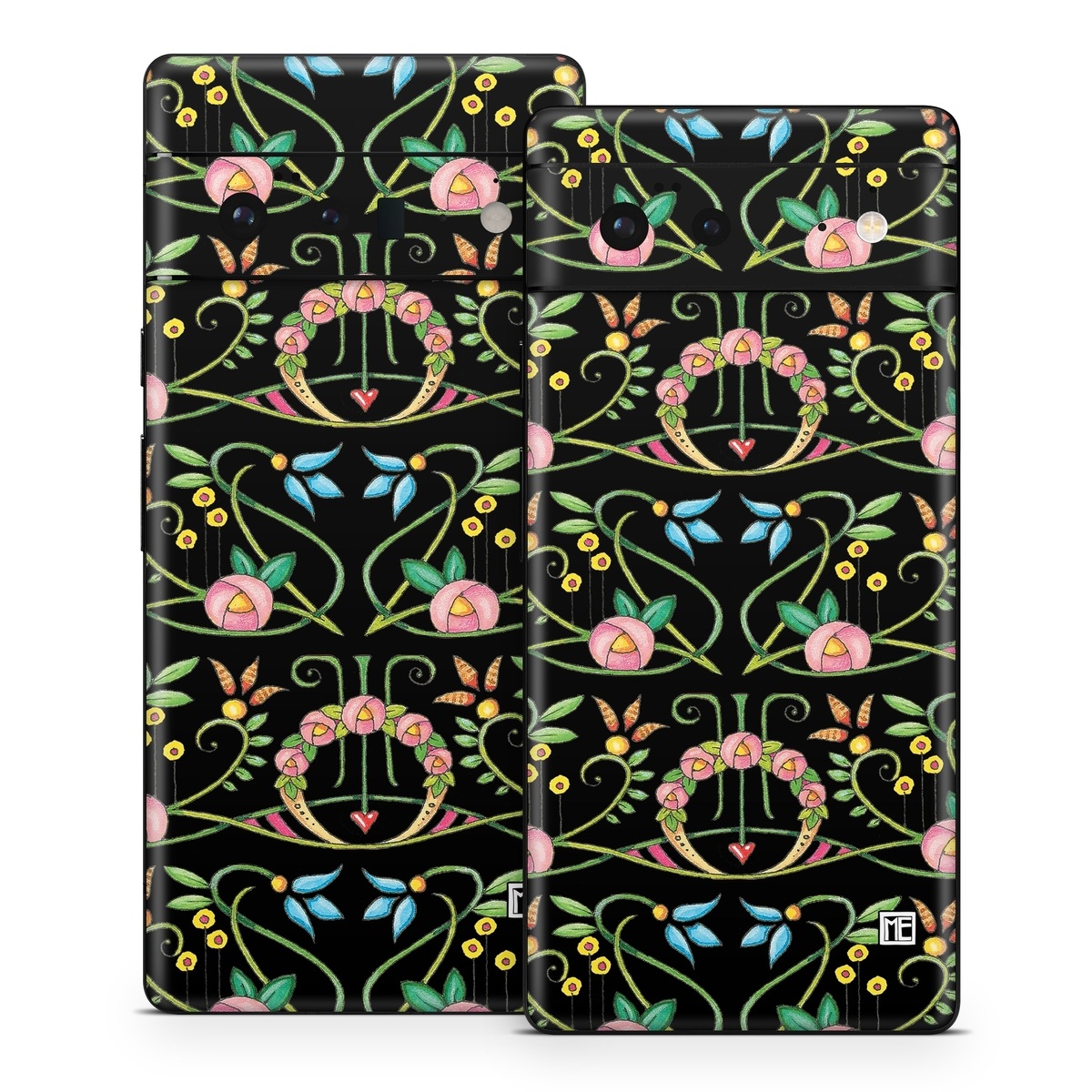 Google Pixel 6 Series Skin design of Flower, Rectangle, Textile, Ornament, Plant, Line, Motif, Creative arts, Art, Pattern, with black, pink, blue, green, yellow colors